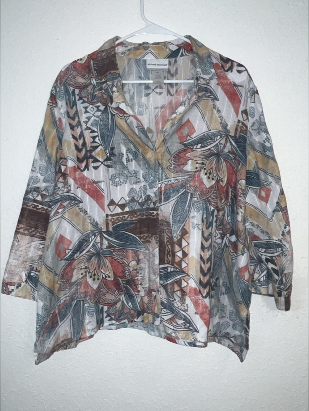 Alfred Dunner Cream Button-Up Blouse with Rust & Slate Accents